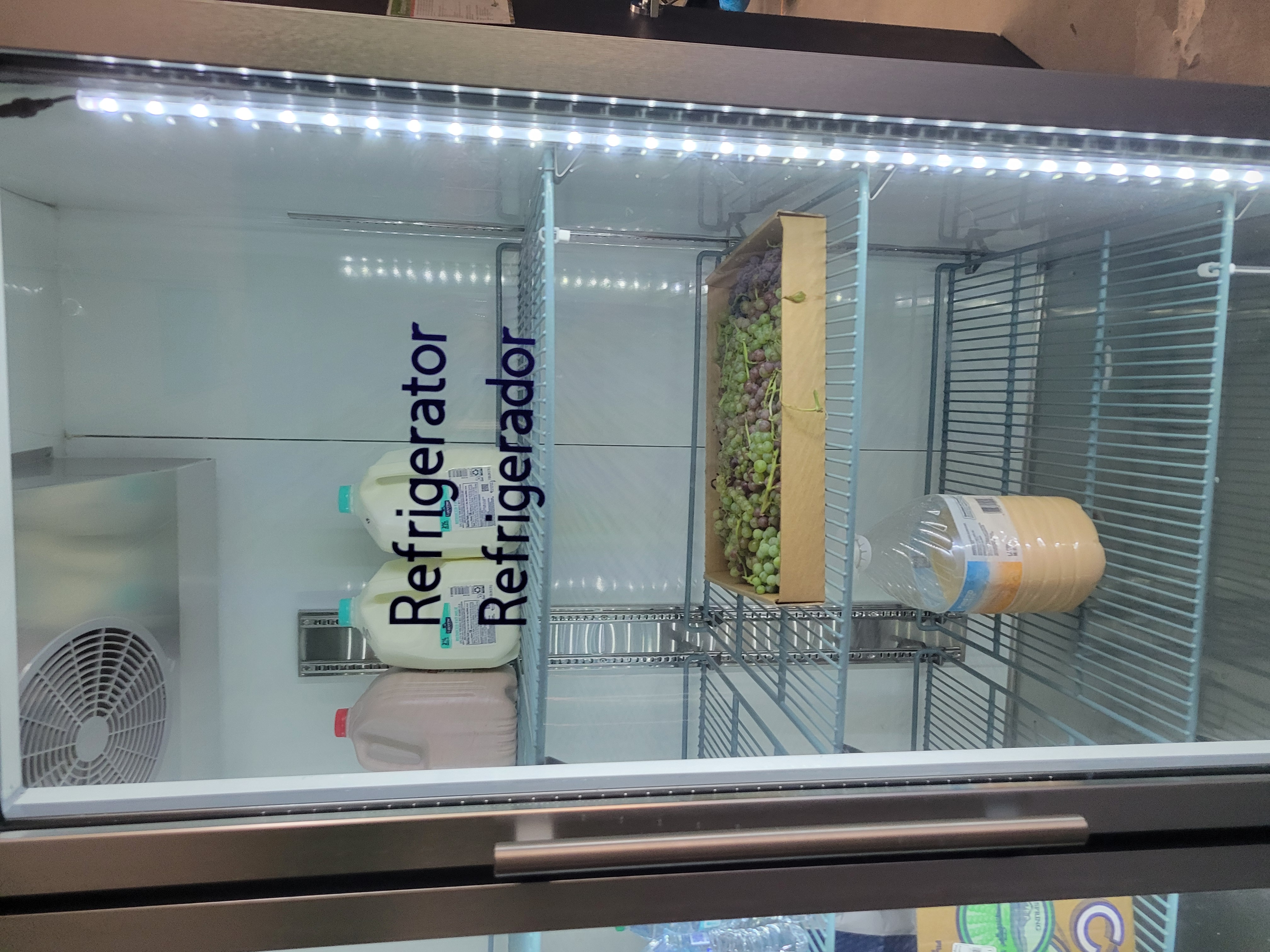 One gallon of chocolate milk and two 2% gallon of milk on the top shelf. Box of grapes in the middle shelf and a mysterious liquid in a bottle on the bottom shelf of a fridge 